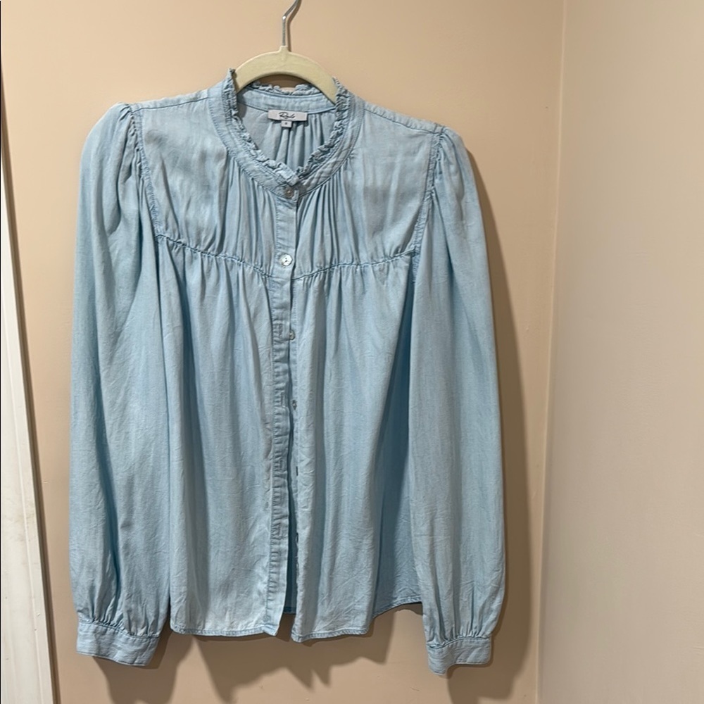 Rails Blue Button Down Blouse with Mandarin Collar